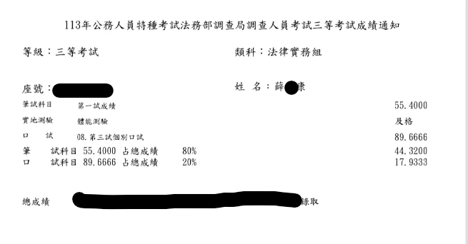 113 薛O康－調查局三等調查工作組成績單