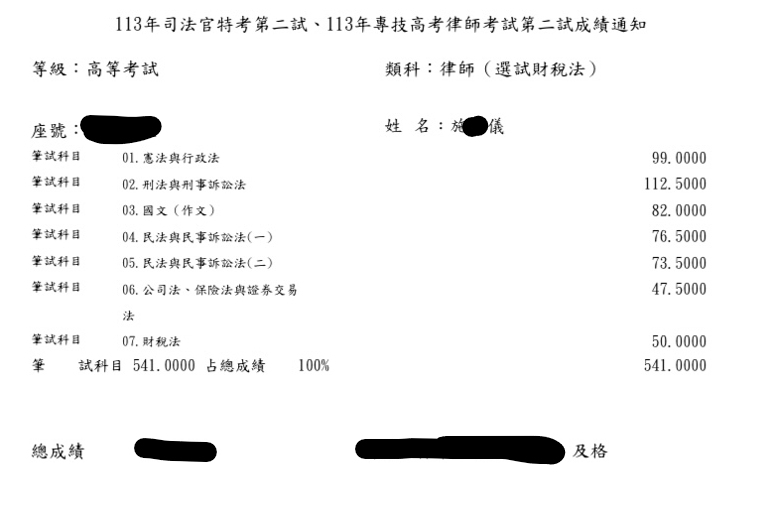 113律師(財稅)-施O儀上榜成績單